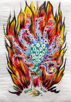 ピザとハーブの水彩画 絵画 ペン画水彩風/漁師風ピザイラスト制作 H122