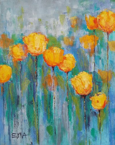 YELLOW TULIPS IN BLUE MOOD van Emilia Milcheva, Schilderij te koop op Singulart