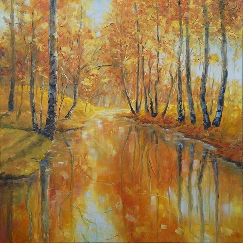 GOLDEN TREES BY THE RIVER di Emilia Milcheva, Pittura in vendita su Singulart