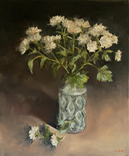 bouquet de chrysanthèmes blancs van Géraldine Morales, Schilderij te koop op Singulart