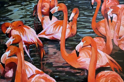 Les Flamants roses by Géraldine Morales, Painting for Sale on Singulart