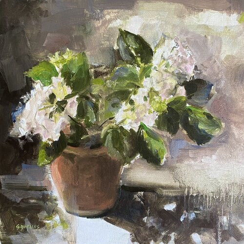 hortensia blanc en pot di Géraldine Morales, Pittura in vendita su Singulart