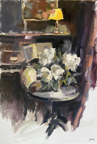 Le guéridon au fleurs blanches di Géraldine Morales, Pittura in vendita su Singulart