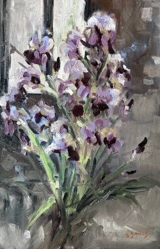 Les iris de l'atelier d'Etampes par Géraldine Morales, Peinture en vente sur Singulart