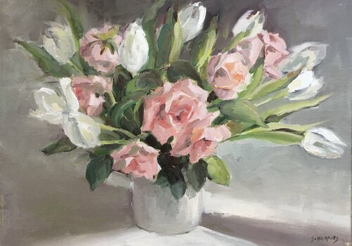 bouquet roses tulipes by Géraldine Morales, Painting for Sale on Singulart