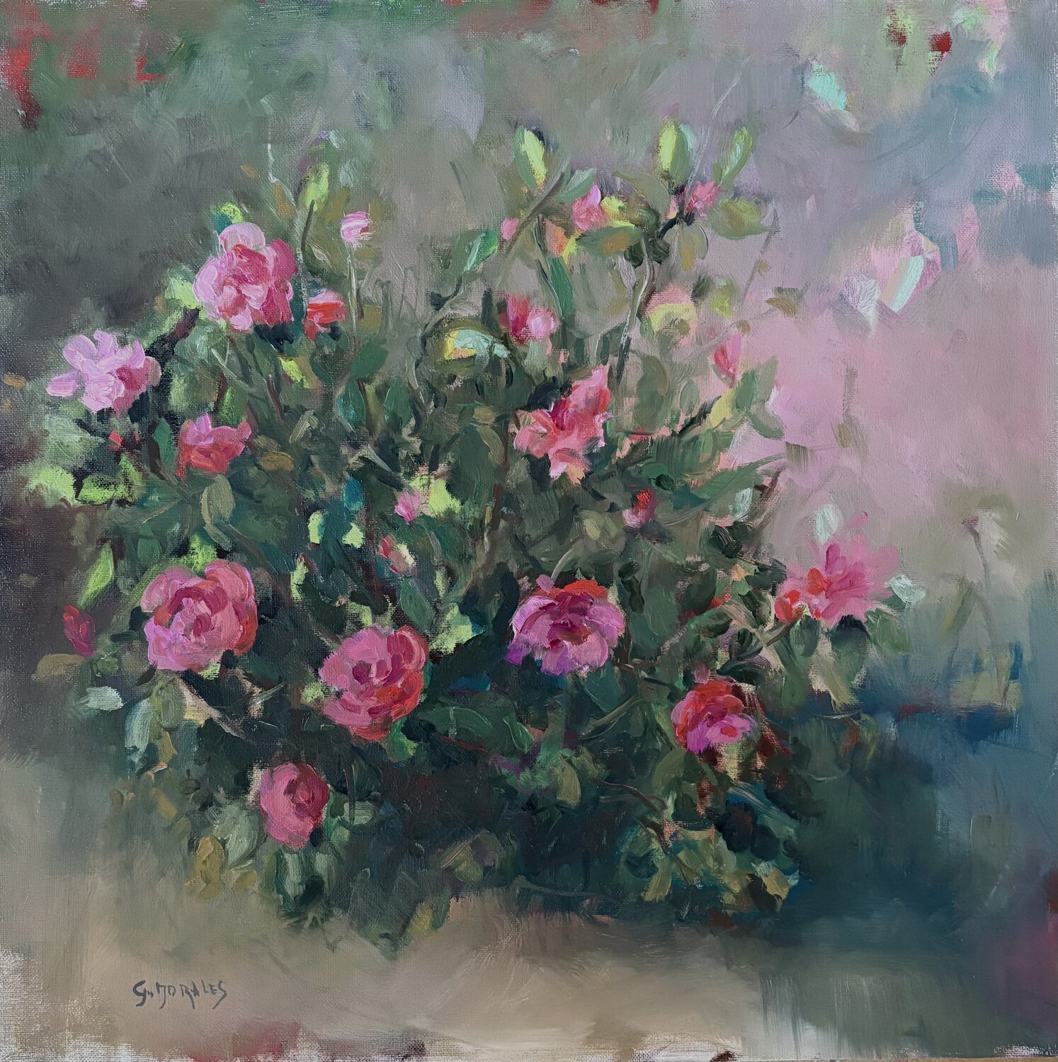 Camelia rose près de la cabane Géraldine Morales Originalgemälde zu verkaufen
