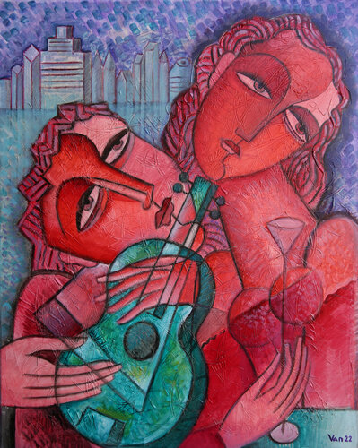 Green Guitar van Van Hovak, Schilderij te koop op Singulart