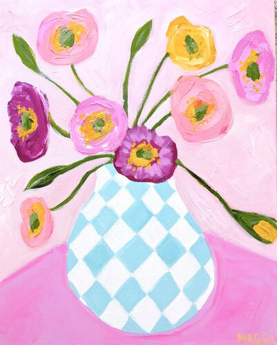Poppies In Diamonds On Pink di Maggi McDonald, Pittura in vendita su Singulart