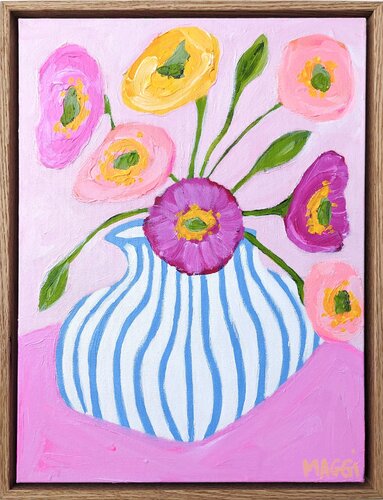 Poppies In Blue Stripes di Maggi McDonald, Pittura in vendita su Singulart