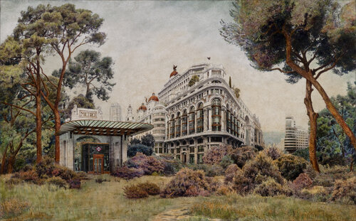 Gran Vía Plaza. Madrid di Carlos Arriaga, Pittura in vendita su Singulart