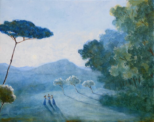 Le soleil bas inondait le paysage ; j'avais bien entendu des voix légères chanter et des silhouettes ondoyer dans une ronde, trois jeunes arbres semblaient les saluer. by François Pagé, 油畫 for Sale on Singulart