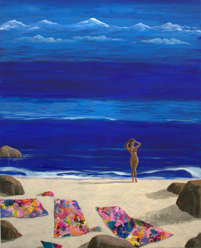 Le soir devant la fenêtre de l'atelier, tu venais me saluer d'une danse dans l'éclat bleu marine de la mer. di François Pagé, Pittura in vendita su Singulart
