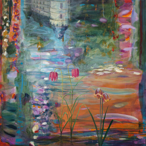 Au pied de l'Islette, Camille lit la lettre de son Auguste aux fragiles fritillaires :« Ah ! divine beauté, fleur qui parle, et qui aime, fleur intelligente, ma chérie. Ma très bonne, à deux genoux, devant ton beau corps que j’étreins. » de François Pagé, Pintura a la venta en Singulart