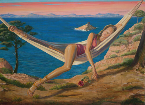 Plissant les yeux au contact des derniers rayons du soleil, Albane regardait s'éloigner la chaloupe. Cette rose serait-elle la rose des regrets. di François Pagé, Pittura in vendita su Singulart