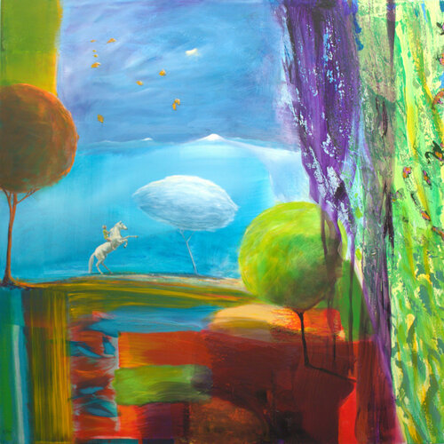 Depuis le fenêtre de l'atelier je vis le cheval d'Anastasia se cabrer devant l'arbre blanc. Quelques feuilles d'automne voletaient et semblaient en apesanteur, nous étions sans doute dans la cinquième saison. van François Pagé, Schilderij te koop op Singulart