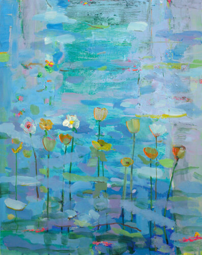 Pourtant le matin était timide comme ta main dans la mienne, on avait laissé s’inonder le jardin et les fleurs aériennes. Auront-elles le courage des exploits muets? par François Pagé, Peinture en vente sur Singulart
