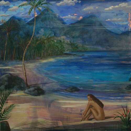 Vaehina regardait les pécheurs raccommoder leurs filets, le temps semblait immobile comme dans une peinture sans âge, même les nuages indolents semblaient faire de la figuration. van François Pagé, Schilderij te koop op Singulart