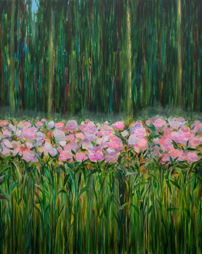 Tu m'avais donné rendez-vous derrière le jardin du presbytère, la futaie s’élevait comme un rideau  au dessus des fleurs heureuses de danser dans le vent frais. Mon cœur tentait d'exister comme ce petit pan de ciel bleu qui apparaissait dans le déchirure by François Pagé, Painting for Sale on Singulart