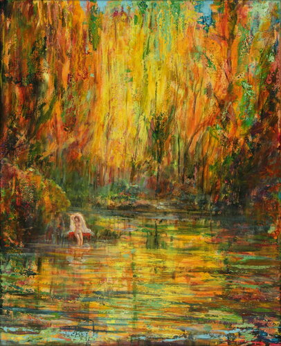 Après une longue marche de plusieurs heures j'arrivais à un gué, j'avais bien entendu une voix cristalline à travers la forêt, mais lorsque j’aperçus cette naïade, le sous bois sembla se fractionner en une myriade de couleurs. by François Pagé, 油畫 for Sale on Singulart
