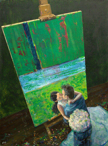 L’instant précis où Lola coupa court à la question d’Adrien : l’expression,: Parler pour ne rien dire ! est-elle semblable à : peindre pour ne rien représenter ! van François Pagé, Schilderij te koop op Singulart