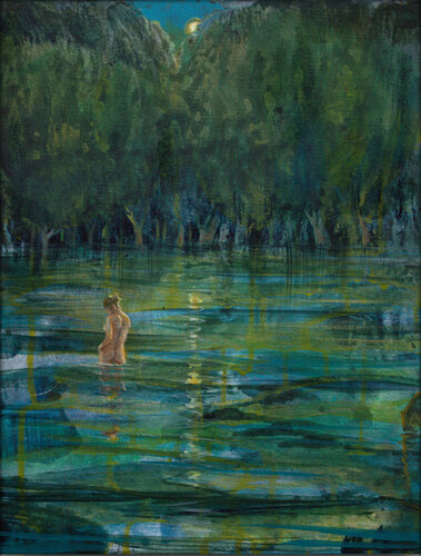 Le feu pâle de la lune partageait sa passion en caressant les courbes de Diane comme les yeux d'Actéon. par François Pagé, Peinture en vente sur Singulart