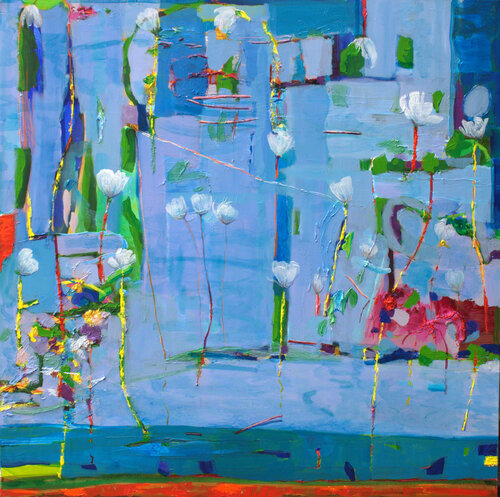 Après l'inondation, les fleurs s’édulcoraient, devenant blanches comme des anges, laissant leurs couleurs aux tiges et leurs vestiges. Il y avait-il un ciel pour les fleurs comme sur leurs reflets. von François Pagé, Malerei kaufen auf Singulart