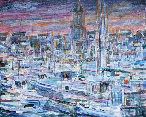Le soir le port jouait les kaléidoscopes quand les bateaux ne souhaitaient pas dormir se racontant leurs courses de bâbord à tribord. di François Pagé, Pittura in vendita su Singulart