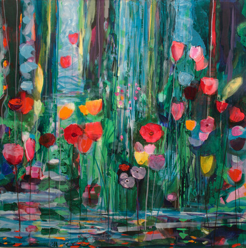 Malgré les inondations, les belles préparaient le bal de printemps. Comme dans les films sans paroles, les plus belles déclarations d'amour sont muettes, et pourtant les couleurs ont-elles une parole ? par François Pagé, Peinture en vente sur Singulart