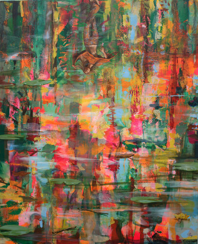 Sous un air de musique rock où sonnaient les maracas, ton corps ondulait au bord du lac. Les feux follets de la fête au loin claquaient dans la nuit leurs artifices. Bientôt mes reins emboîteront les tiens, chaloupés comme une chanson pop. by François Pagé, 油畫 for Sale on Singulart