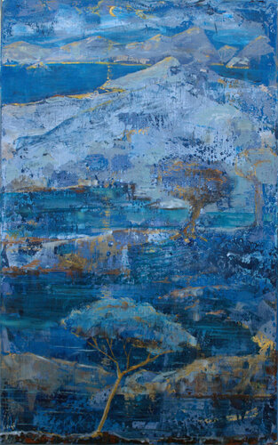 La lune parsemait ses fils d'or sur les golfs qui pénétraient les îles de leurs ondes bleues. par François Pagé, Peinture en vente sur Singulart