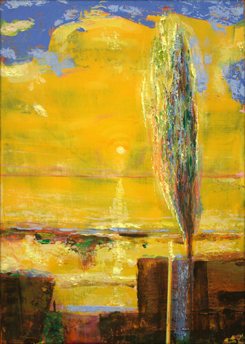 Le doux soleil blessait l'horizon d'un fil orangé.L'arbre tremblait sous la brise légère comme notre premier baiser. di François Pagé, Pittura in vendita su Singulart