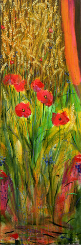 On roulait nos lèvres entre les coquelicots. Tu mangeais les bleuets avec la bouche comme un o, rouge aussi ta joue, rien que toi. Acrylique et Huile sur toile 90cm x 30cm François Page 2021 par François Pagé, Peinture en vente sur Singulart