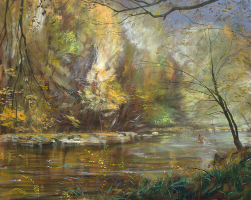 Alors que je travaillais à une étude au bord de la Creuse, je crus apercevoir dans un mouvement d'eau, une Nymphe surprise par ma présence. Me revint alors à l’esprit la phrase d'Albert :“Celui qui ne peut plus éprouver ni étonnement ni surprise, est pour van François Pagé, Schilderij te koop op Singulart