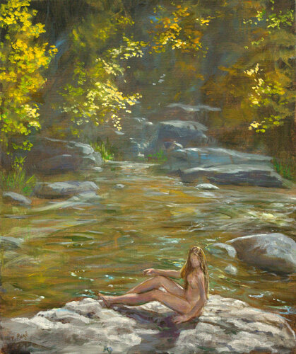 Alors que travaillant à une étude mes yeux s’affairaient dans les tourments de la rivière, mon esprit semblait sentir la présence d'une nymphe qui se séchait sur un rocher. Même si l'automne avait la douceur d'une fin d'été, la situation était impensable. by François Pagé, 絵画 for Sale on Singulart