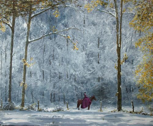 Vous m’attendiez tout de rouge-garance vêtue au lieu-dit: « le saut du loup », les arbres ployaient sous leurs habits de cristal, seul le rouge-gorge perçait le givre de son chant mélancolique. par François Pagé, Peinture en vente sur Singulart