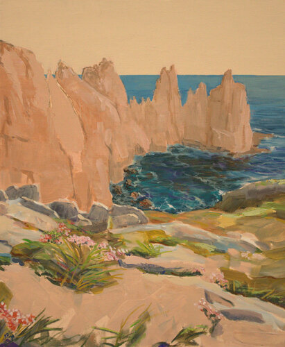 Émotif le motif, et les rocs qui fractionnent l'étendue comme des citadelles, et la mer léchant leurs pieds comme une femme infidèle. Qui envahit l'autre? van François Pagé, Schilderij te koop op Singulart