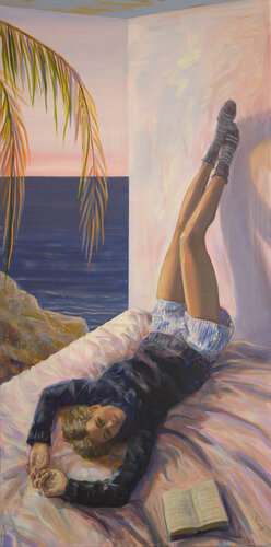 Je me souviens de mes esquisses de tes jambes exquises, j'allais souvent perdre ma raison dans ton pull marine, Alice.  A room with a view just for us. di François Pagé, Pittura in vendita su Singulart