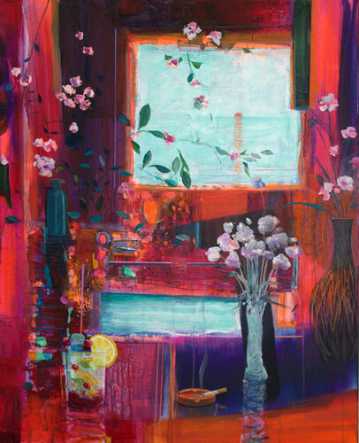 Entre soir et matin dans le silence des choses, seule la cigarette de Martin comptait son temps. Je mariais un rouge tibétain avec un bleu polaire, le plaisir du peintre géographe. van François Pagé, Schilderij te koop op Singulart