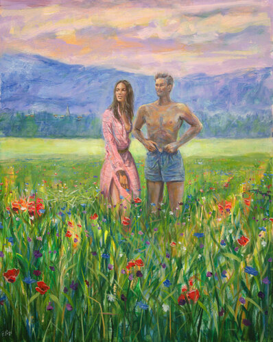 Alors que John se rhabillait, Valentina avait bien reconnu au loin le son du moteur de le DB5 de son mari, pourtant les fleurs ne semblaient pas inquiètes. L'issue en serait-elle fatale ? par François Pagé, Peinture en vente sur Singulart