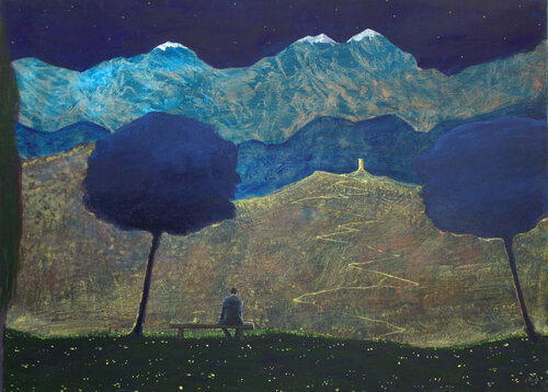 Je vous attends sur le banc de pierre, nous irons par le col jusqu’à la haute tour, pour voir bleuir les montagnes van François Pagé, Schilderij te koop op Singulart