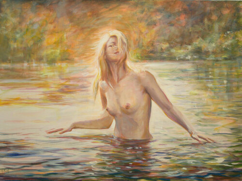 Sous une journée caniculaire, j'allais trouver le cristal au fond de la rivière quand il y eut soudain ton regard, solaire... On aurait pu en rester là. van François Pagé, Schilderij te koop op Singulart