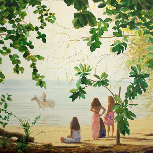 Ce fut l’instant où Diego ne sut ce qui avait enflammé son cœur, il hésitait entre la beauté d'Anna qui en contre-jour ne révélait aucun trait distinctif ou le coucher de soleil qui finalement avait la banalité kitch d’une carte postale.  huile sur toile François Pagé