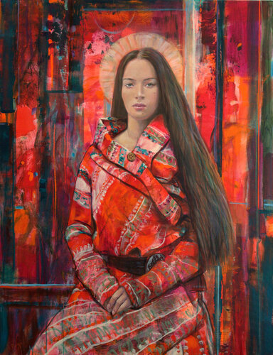 Elle avait pris la pose dans le grand salon rouge.  J'avais pris mon tableau comme miroir face à elle.Elle écoutait longuement la musique du pinceau sur la toile. par François Pagé, Peinture en vente sur Singulart
