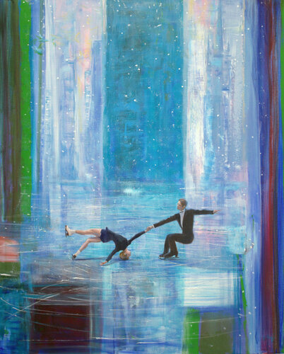 Sur la grande place glacée de la ville bleue, ils avaient dansé jusqu'au petit jour jusqu'en avoir les yeux clos. Mais le bonheur a-t-il les yeux fermés ? Huile sur toile 100cm x 81cm François Pagé 2022 by François Pagé, Painting for Sale on Singulart