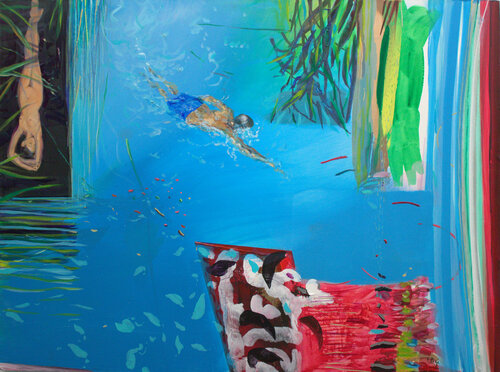 Elle sentait l'ombre des feuillages caresser son corps. Dans son rêve il nageait dans un grand lac bleu puis dans une abstraction de couleurs tressées, il s’échappait enfin dans l'azur. van François Pagé, Schilderij te koop op Singulart