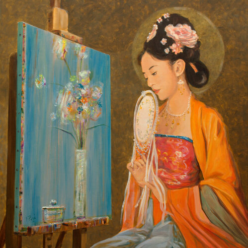 Elle était venue s'asseoir devant le tableau, pour poursuivre sa méditation il lui en avait lu le titre : « Pas tout à fait dehors ni même à l’intérieur, entre deux bleus, nos regards se croisaient sur l'or d'un bouquet. » van François Pagé, Schilderij te koop op Singulart