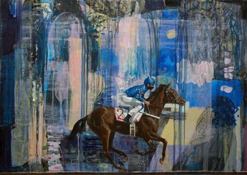 La fuite du Jockey. Il y a-t-il de possibles victoires sans gains ? van François Pagé, Schilderij te koop op Singulart