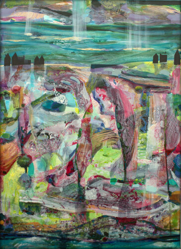 Après l'averse le paysage assoiffé avait bu comme une éponge. Au bord du fleuve les maisons assuraient leurs façades hiératiques. by François Pagé, 회화 for Sale on Singulart