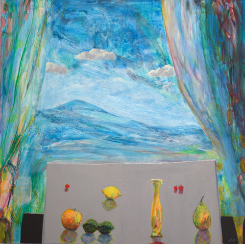 Sur la table du jardin les fruits tenaient salon. Trois nuages s' invitaient à la conversation. L'art de converser est-il dans une société, qui voit dans la sociabilité, la condition du bonheur? di François Pagé, Pittura in vendita su Singulart