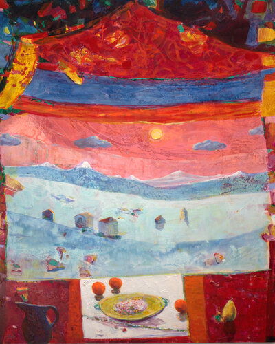 Titre: Au bord de ta fenêtre, trois oranges conversaient avec la lune, pâle comme une hostie. Le paysage, presque silencieux comme une peinture du nord, murmurait à travers les milles blancs de son manteau, une chanson d'hiver. di François Pagé, Pittura in vendita su Singulart